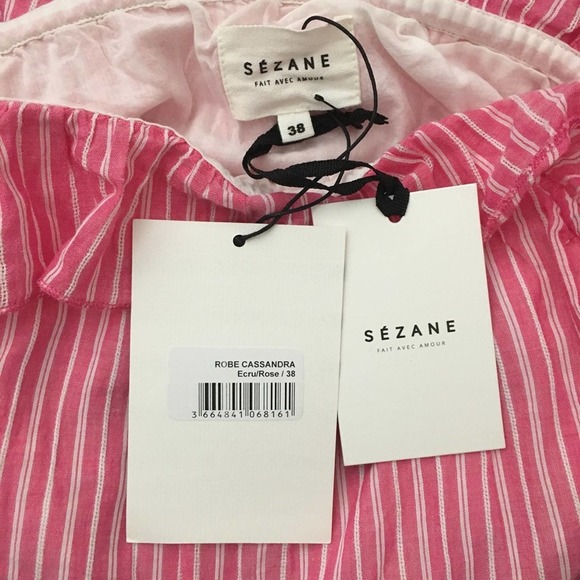 SEZANE Cassandra Dress Pink White Striped Midi - Picture 5 of 6